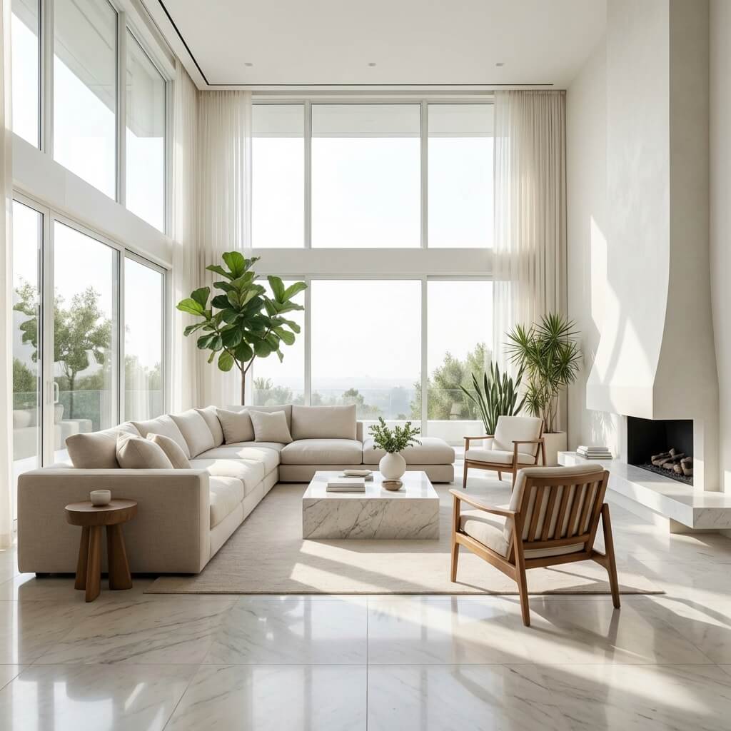 Clean luxury living room with large windows